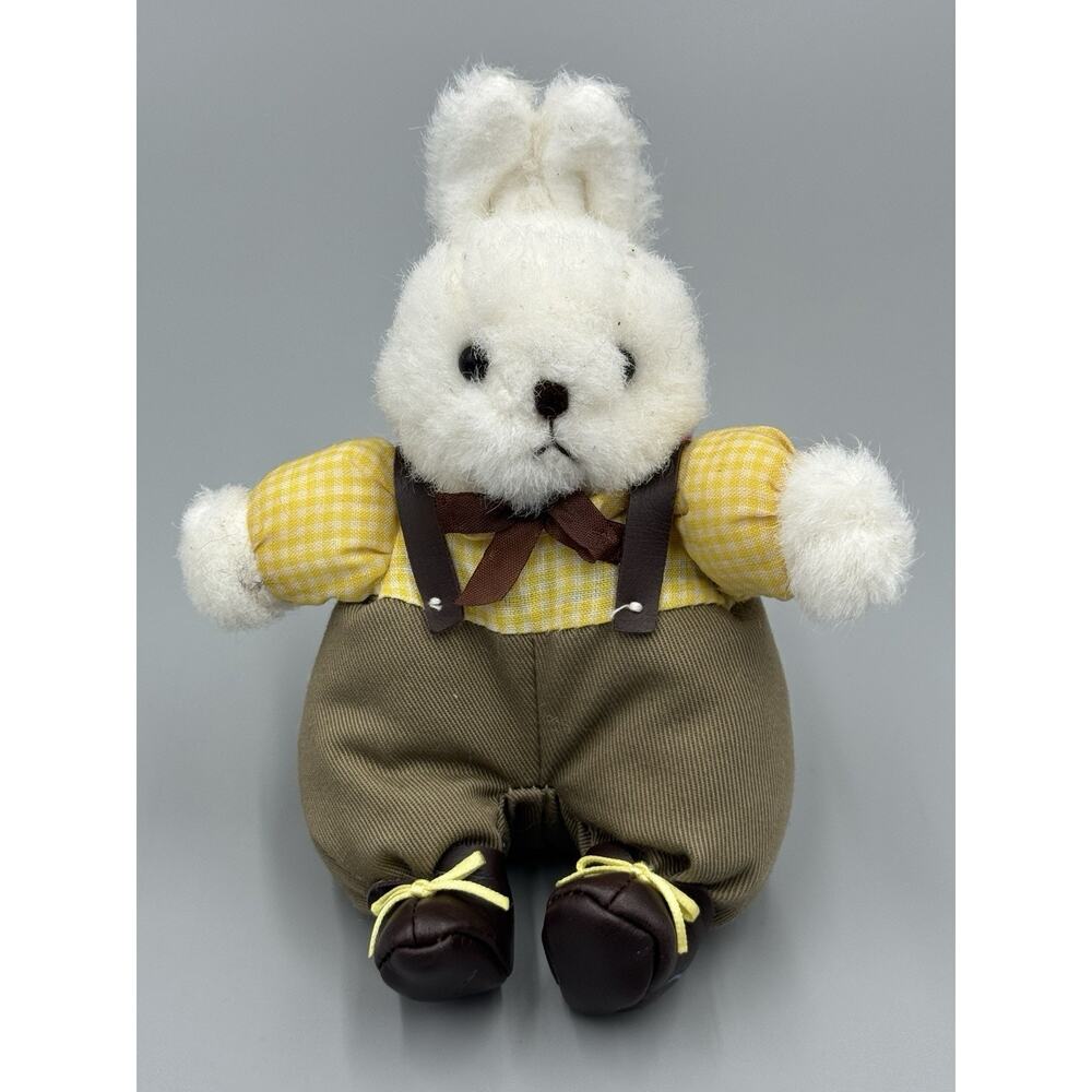 Vintage Jerry Elsner Co Small 5” White Bunny Rabbit‎ Plush Yellow Gingham Top